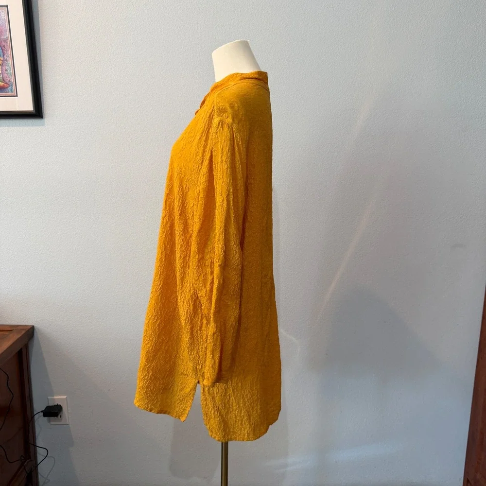 URU 100% Silk Yellow Crinkle Tunic Mandarin Collar Frog Toggle Lagenlook Large - Picture 6 of 14